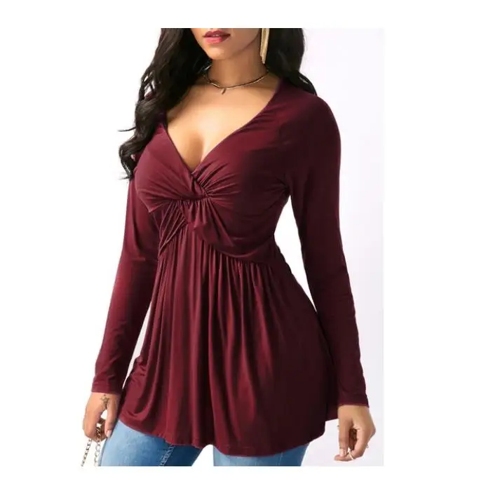 2019 New Women's Fashion Solid Color Cotton Sexy Deep V Neck Long ...