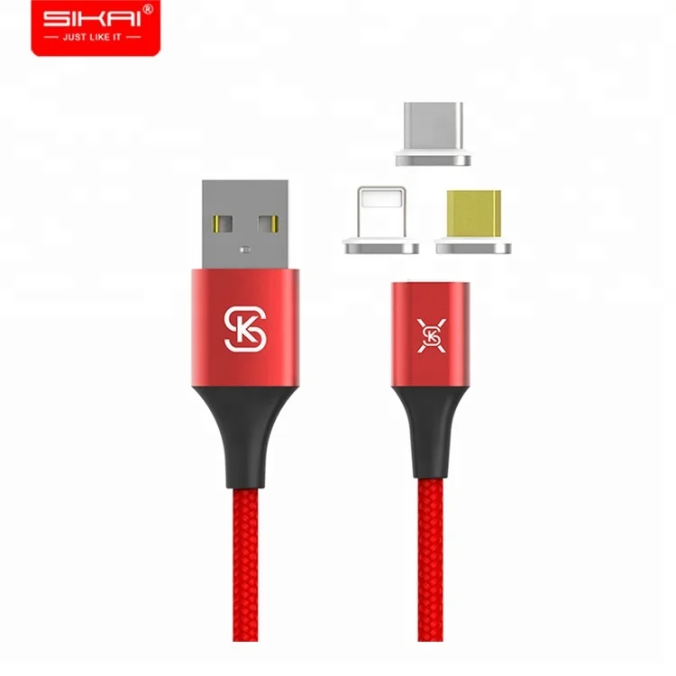 SIKAI QC 4.0 braided fast charging magnetic usb 2 V8 data cable, usb c android 3 in 1 magnetic charging micro usb cable