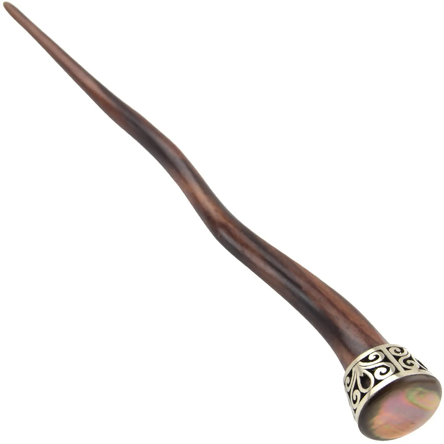 Evolatree - Hand Carved Wavy Sono Wood Hair Stick - Round Shell - Steel Filigree Wrap - 7"