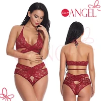 

KISS ME ANGEL full lace hollow out front open back fancy ladies sexy net bra sets sexy bra panty set