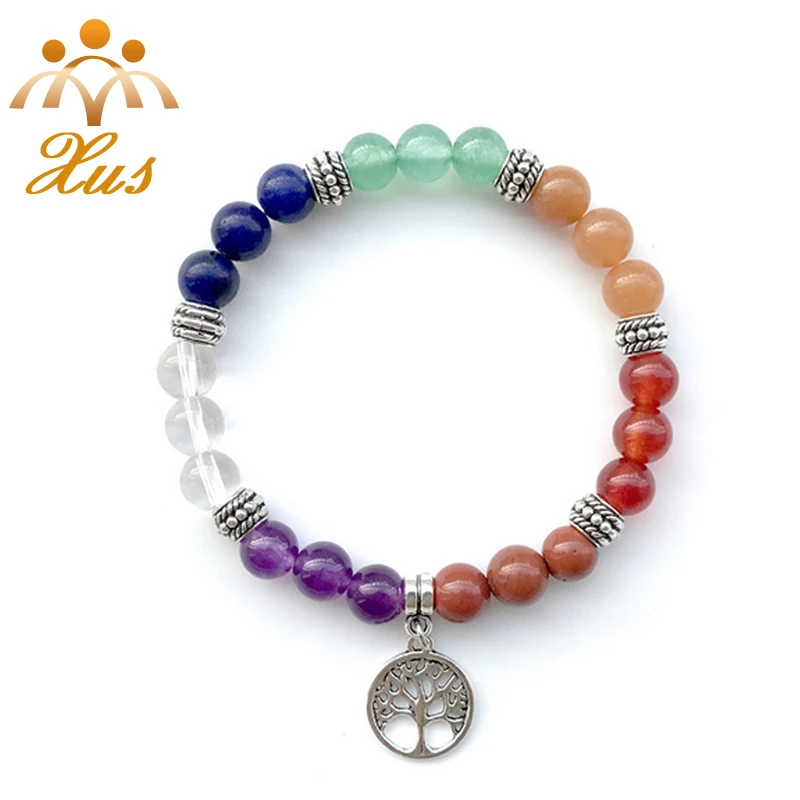 

BR-12294 tree of life charm 7 color chakra chalcedony bracelet yoga jewelry wrist mala reiki Bracelet Mens Womens Yoga Gift