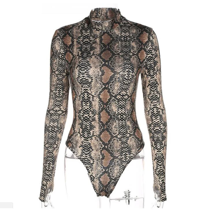 

cz38245w New fashion snake skin grain print long sleeve high neck bodysuits blouse tops women street sexy snakeskin bodysuit