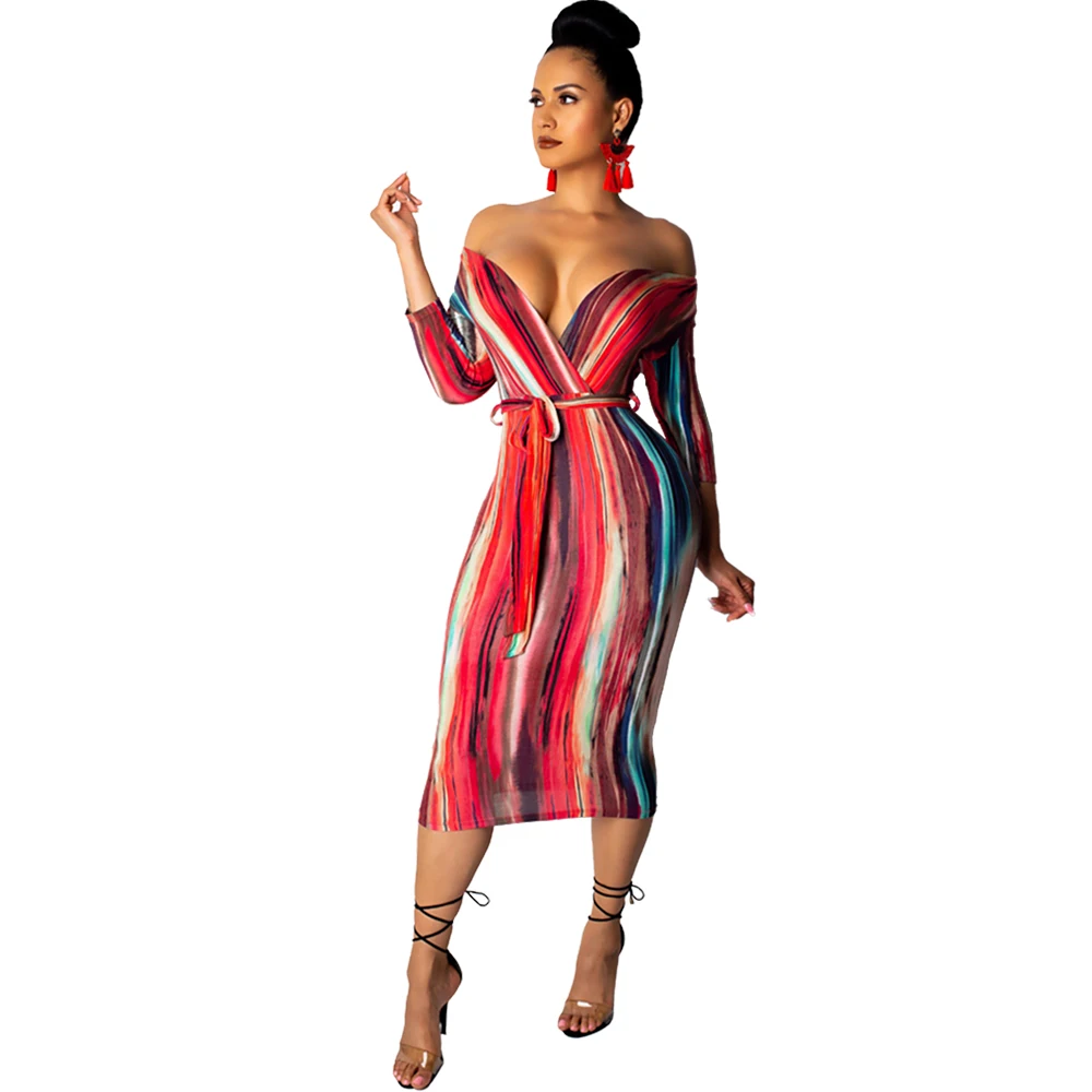 

2019 Summer Casual Bohemian Dress Sexy Colorful Striped Print V Collar Backless Strapless Long Party Bandage Long Dress