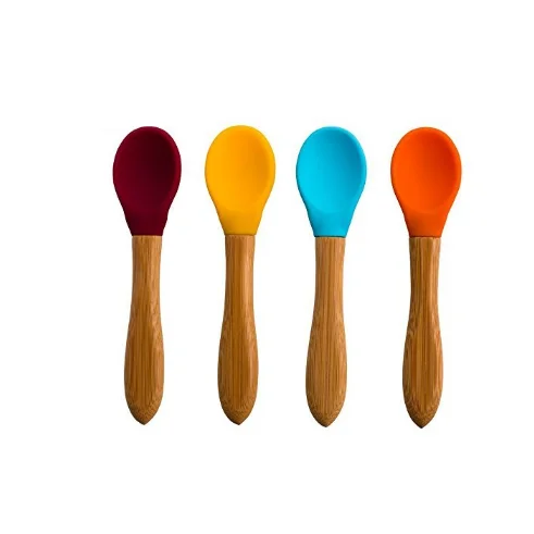 

Silicone Baby Feeding Soup Spoon For Kids With Wood Handle, Natural and carbonizted