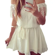 Top Quality 2015 Summer Brand New Fashion Sleeveless Slash Neck Chiffon Dress Women Lace Off the Shoulder Mini Dresses S M L