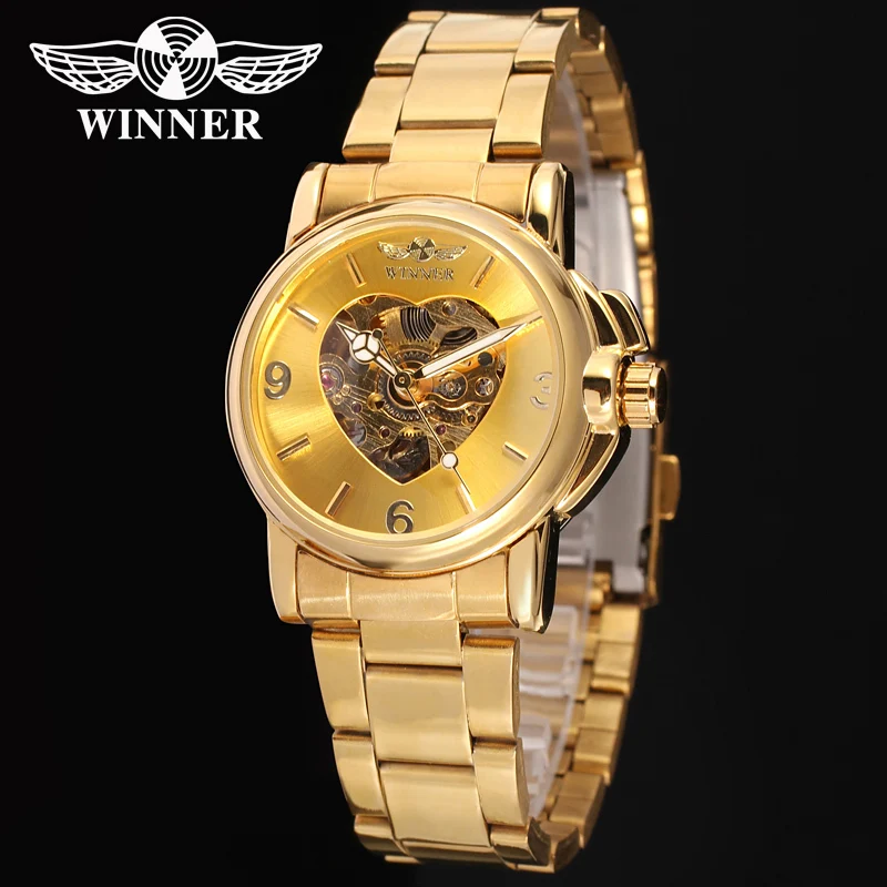 

Winner Brand Fashion Women Gold Wrist Watch Self Wind Automatic Analog Ladies Bracelet Heart Skeleton Luxury Mechanical Watch