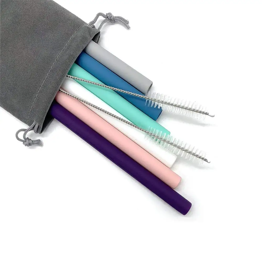 6 Big cheap wholesale silicone straw, Reusable Silicone Drinking silicone straw with Cleaning Brushes and Portable Bag