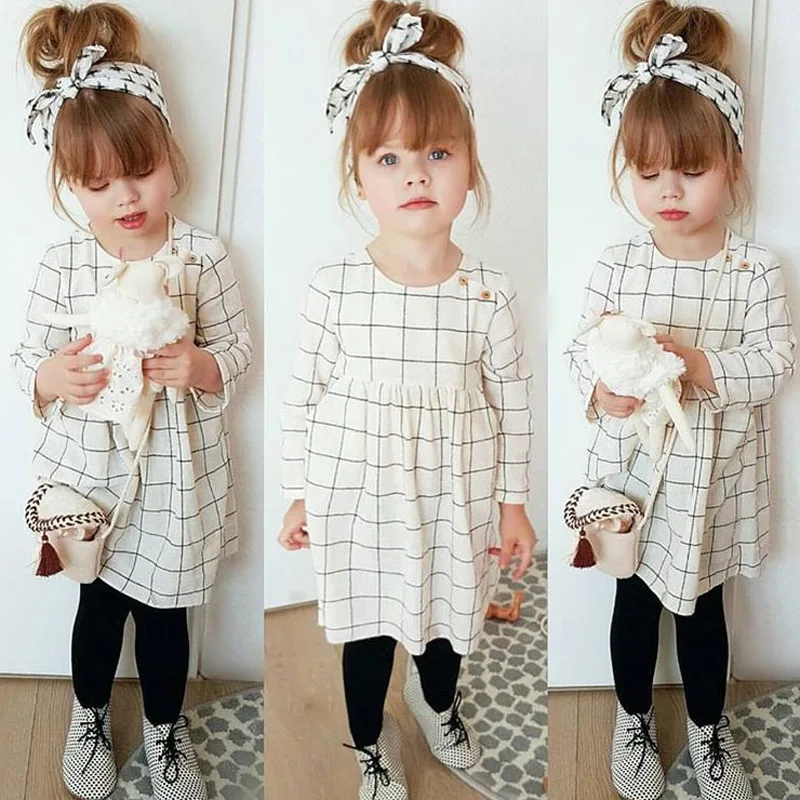 

2018 Toddler Kids Baby Girl 2PCS White Color Long Sleeve Plaid Dress+Headband Outfits Clothes, As picture