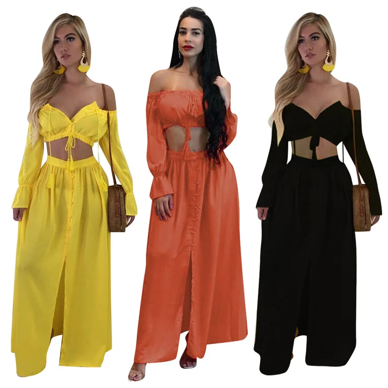 

Plus Size Women Split Maxi Clothing 2 Piece Dress Set, Orange;yellow;black