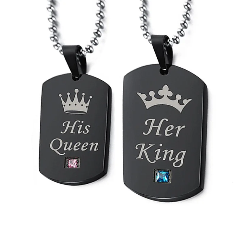 

Black Stainless Steel Couple Necklaces Her King & His Queen Crown Tag Pendant Necklace with Stone, As picture