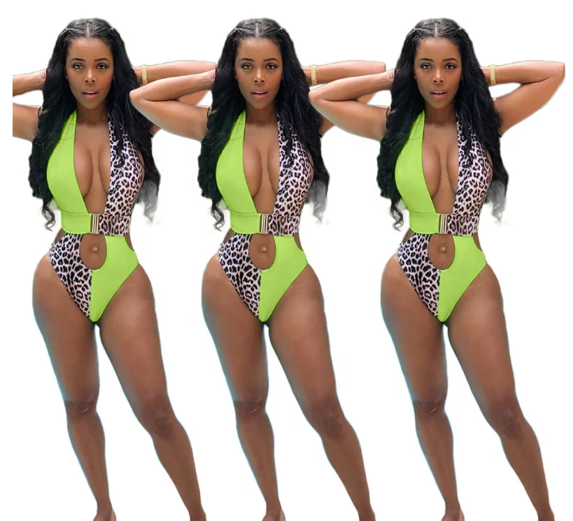 

B50597A Western style women sexy print patchwork backless one-piece bikini, Green