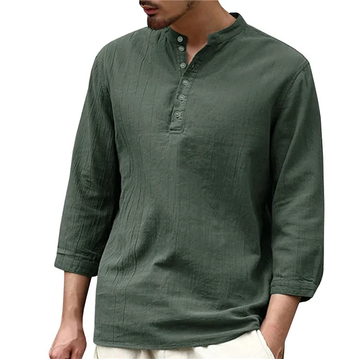 Mens Henley Shirt V Neck Cotton Linen Hippie Shirts Casual T-shirt Top ...