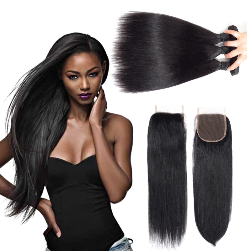 

8A Brazilian Virgin Hair Bundles With Closure 100% Brazilian Straight Human hair with closure Brazilian Straight Hair Weave