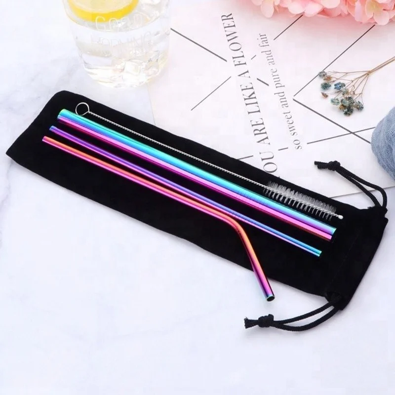 

5pcs Eco Friendly Reusable Straw 304 Stainless Steel Straw Metal Smoothies Drinking Straws Set with Brush & Bag Wholesale, Black blue purple gold rosegold