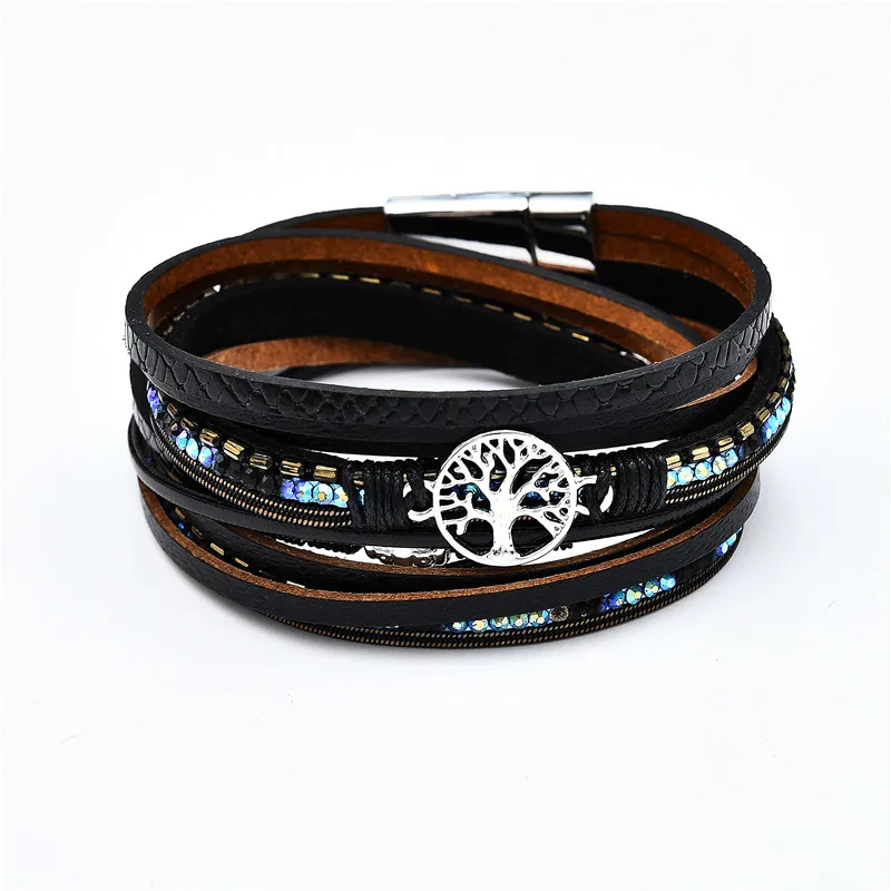 

Women Accessories Jewelry Weaving String Wristband Alloy Chain Magnetic Clasp Leather Bracelets, As picture display