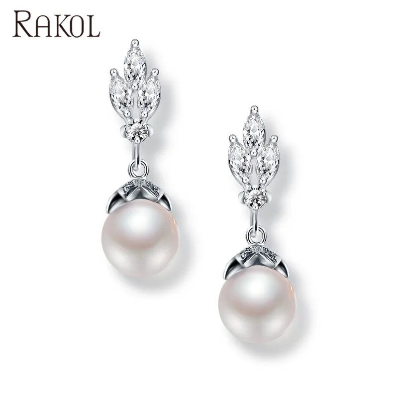

RAKOL EP517 White Pearl Earrings Zircon Pearl Drop Dangle Earrings For Women, As picture