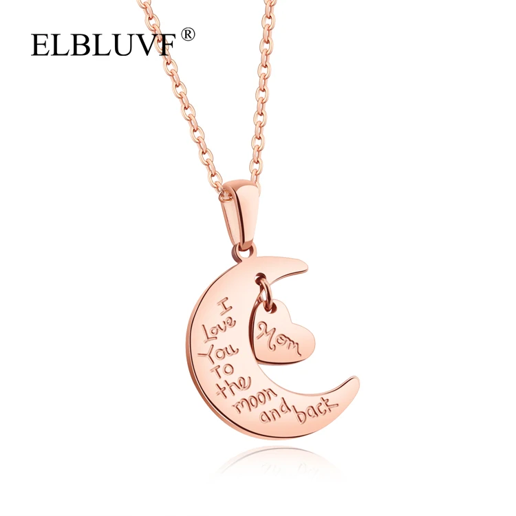 

ELBLUVF Stainless Steel Star Heart Pendant Necklace Mom I Love You To The Moon And Back Jewelry For Mother's Day Gift, Rose gold