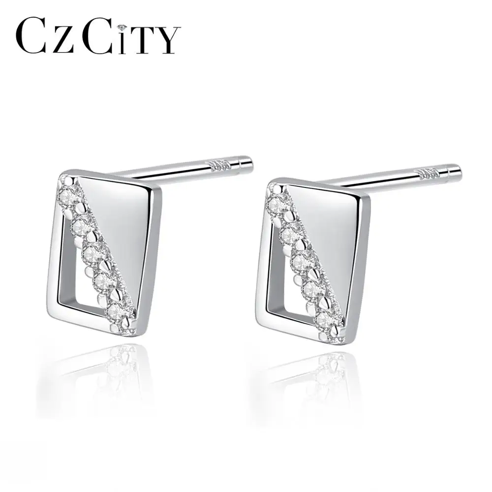 CZCITY Rectangle Small 925 Sterling Silver Stud Earrings for Women Fine Jewelry