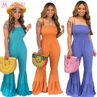 

M9015 wholesale summer new design spaghetti strap solid color smocking stitch flared jumpsuit jumpsuits women 2020