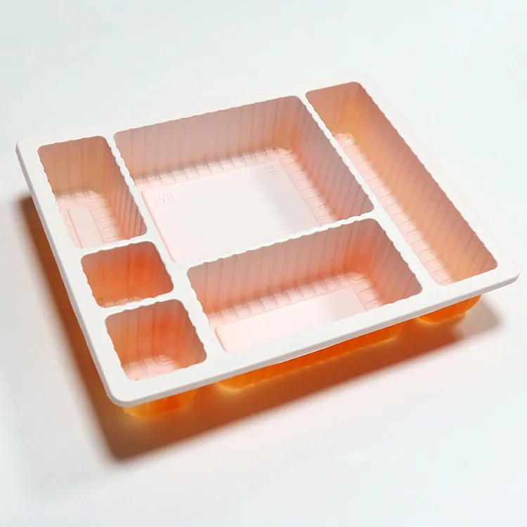 

Custom 6 Compartment Disposable Plastic Food Container Tray Takeaway Bento Lunch Box, Orange & white / custom