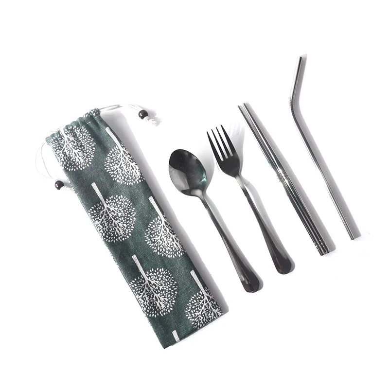 

5pcs/set Teaspoon Spoon Fork Knife Curved Straw Utensils Set silverware cutlery flatware set stainless steel, Image shows