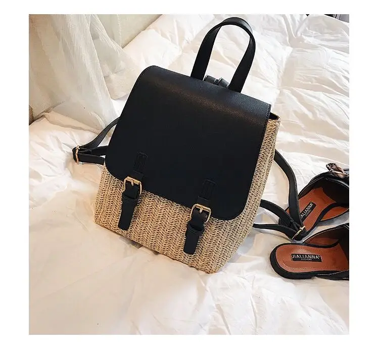 Fashion Backpack Leather Straw Beach Bag Holiday School Travel Women's