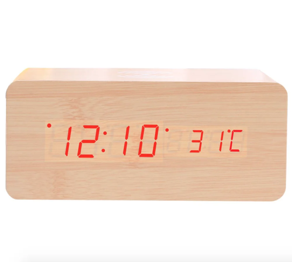 Wooden Table Digital Alarm Charging Wood Clock Wireless Charger