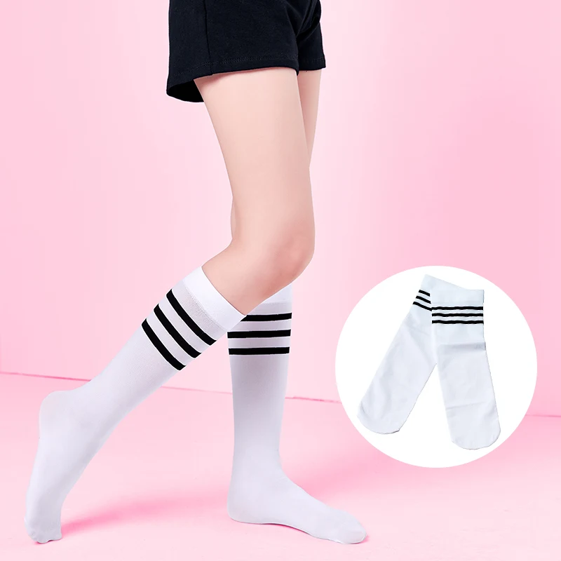 

Knee High Strips Stockings Girls Tube School Socks, White