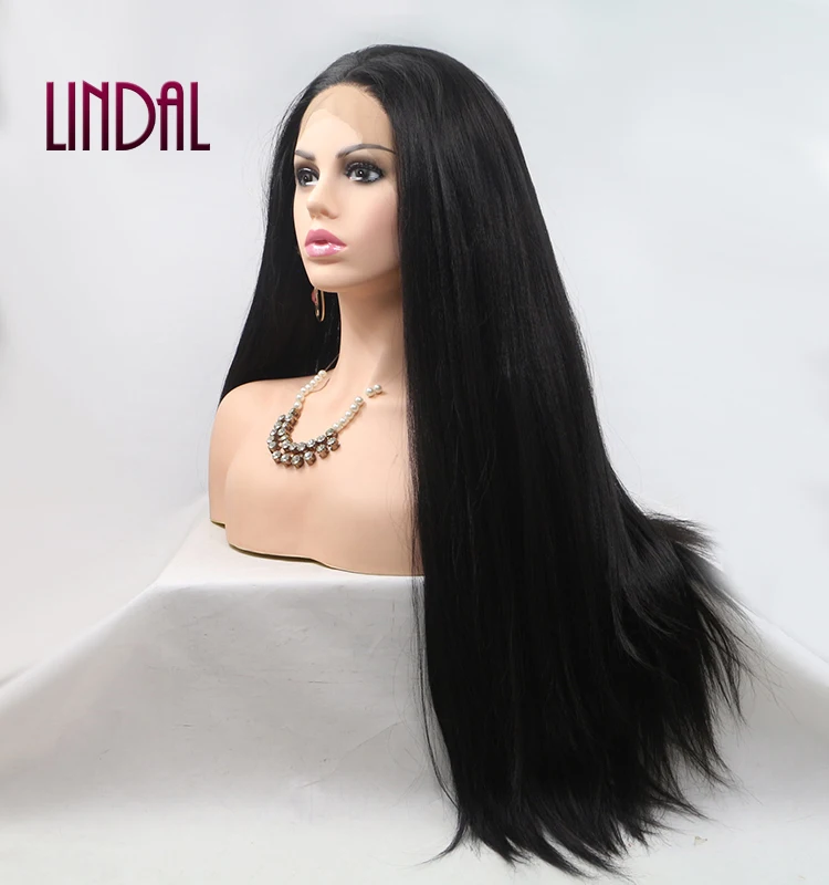 

LINDAL tangle free synthetic fiber hair wig long curly hair lace front synthetic yaki straight wig black