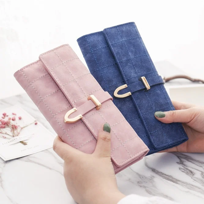 

2021 Super Hot Selling ladies Fashion Grid wallet Elegant Foldable Faux Suede woman purse wholesale for all seasons, Black,navy blue,light pink,sky blue,hot pink