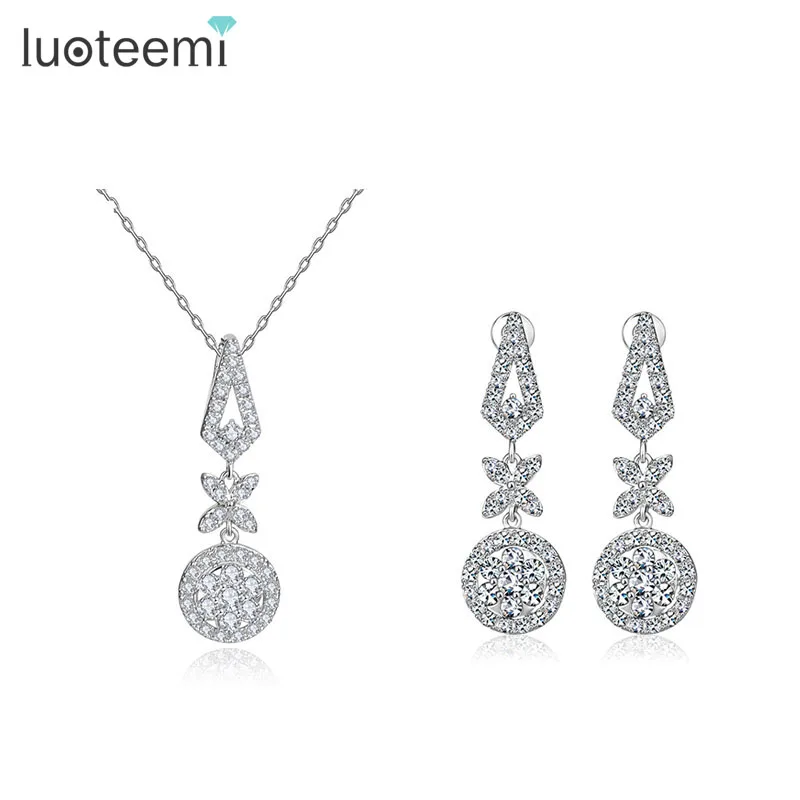 

LUOTEEMI Wholesale Sparkling Cubic Zircon Micro Paved Luxury Women Fashion Bridal Rhodium Plated Necklace Earrings Set