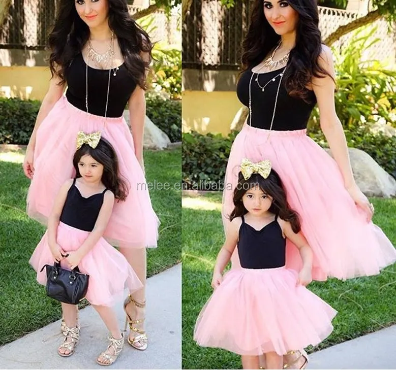 

Matching Mom And Daughter Family Clothes Dresses Sleeveless Pink Mesh Patchwork Tutu Dress For Princess Mommy And Me Outfits