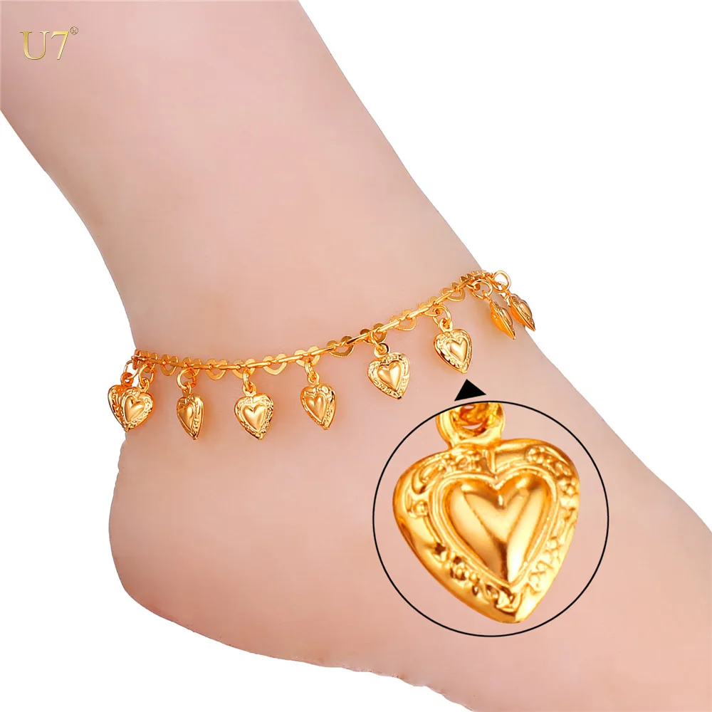 

U7 Love gift foot bracelet indian summer jewelry gold plated heart anklet for girls, Silver/gold color