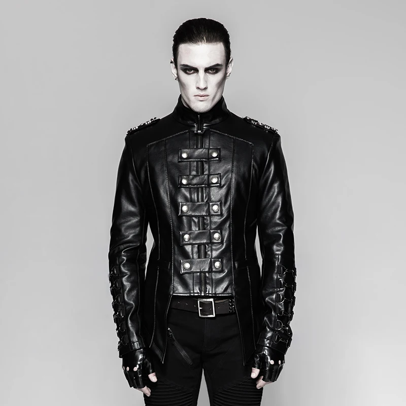 

Y-746 PUNK RAVE Heavy Punk Latest Fashion Design PU Military Uniform Short Men Coat, Black