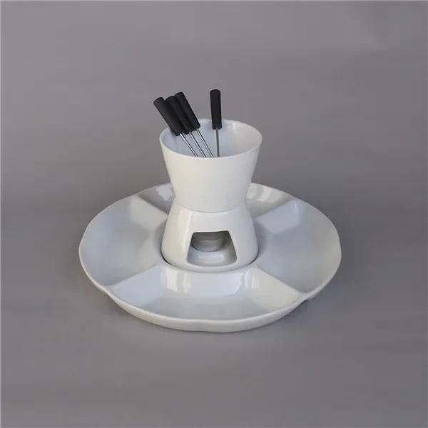 Grace creamy white ceramic chocolate  fondue set witth forks and snack plate 