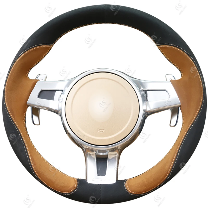 

Custom Hand Sewing Brown and Black Suede Steering Wheel Covers for Porsche 977 911 Cayenne Panamera 2012 2013 2014