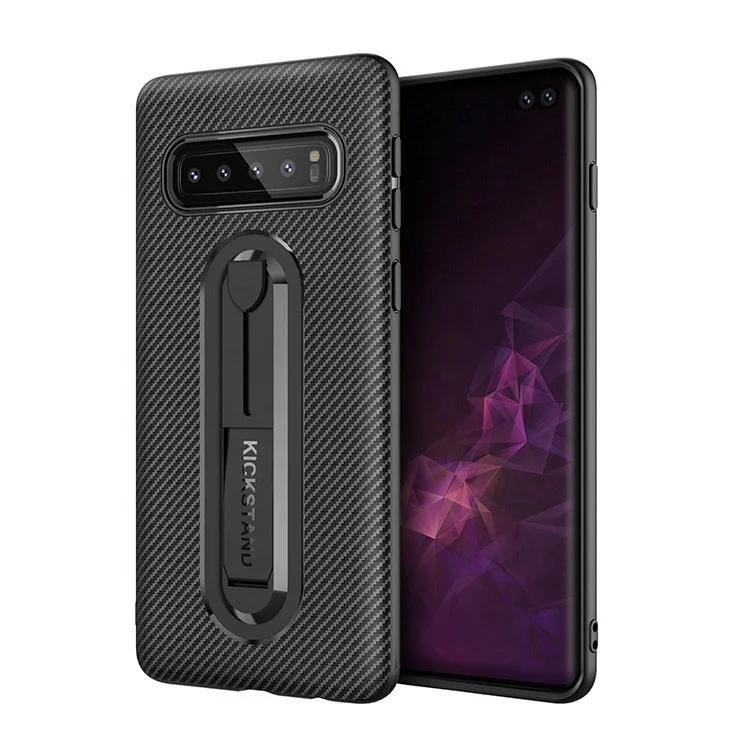 

New design unique soft TPU carbon fiber grain hidden kickstand antishock cell phone back cover case for Samsung Galaxy S10 plus