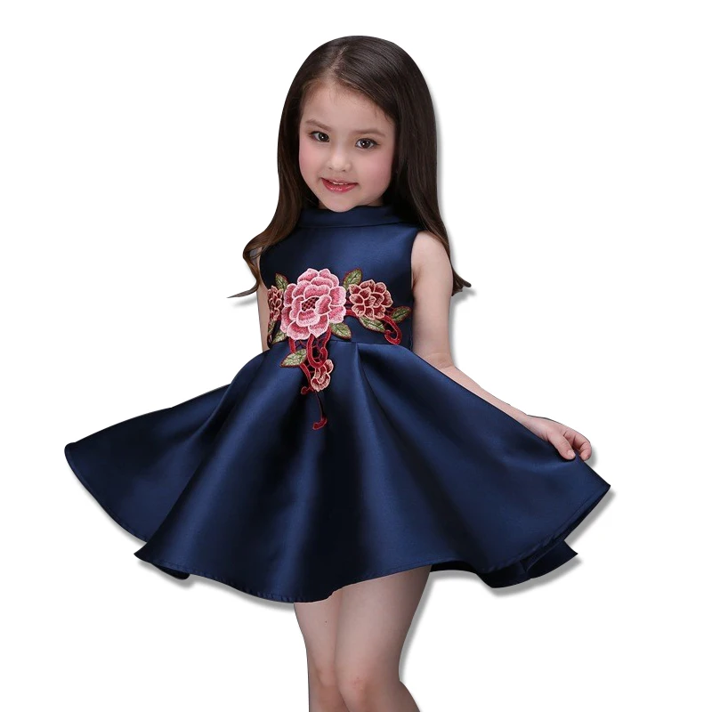 

Fashion flower print clothes baby girls party wear birthday fairy dress L-78, Navy blue