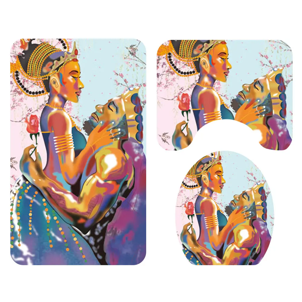 Amazon African men and women customer printed 3 pcs bathroom rug mat match with shower curtain