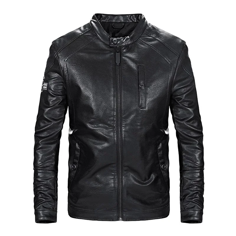 

Retro Style Black College Biker Motorcycle Faux PU Leather Jacket Men Stock