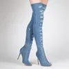 Stiletto Ripped Denim Blue long boots for women Thigh High Boots high heeled Shoes for women Over The Knee Boots