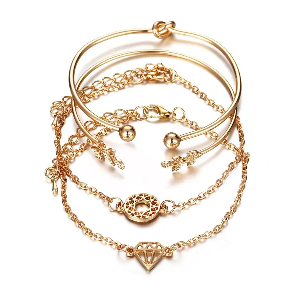 

2021 Latest Design Gold Plated 4pcs/Set Leaf Bracelet Set Hollow Flower Knot Cuff Bracelet Bangle