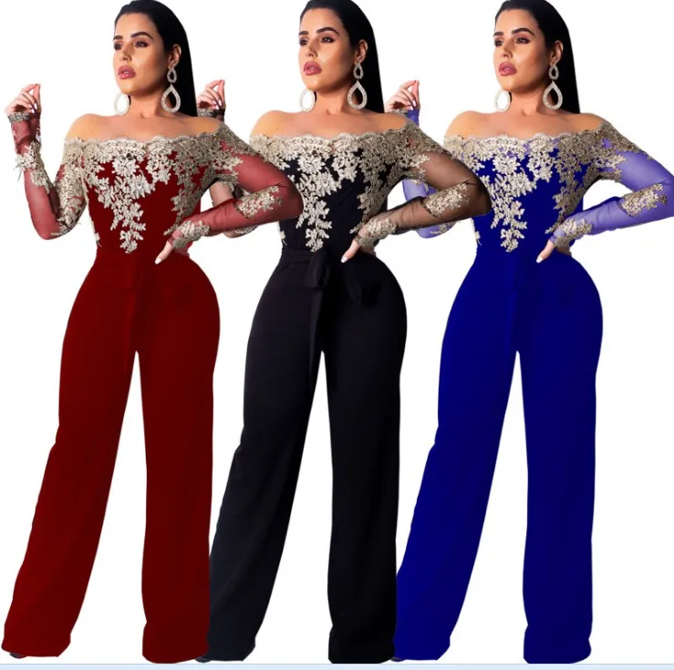 

FM-CY8064 Elegant Office Off shoulder Lace tops wide legs pants women jumpsuits black white