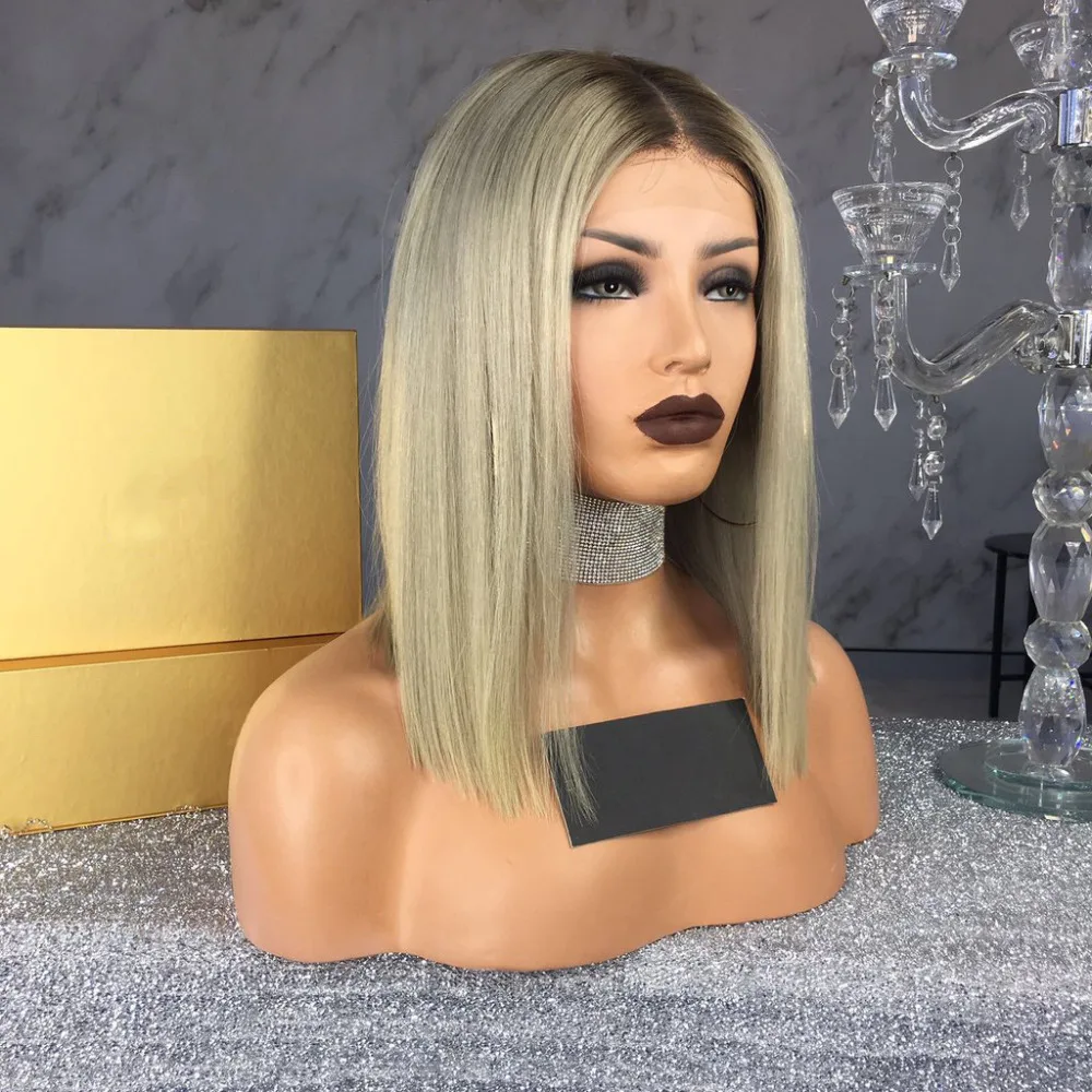 2018 Women Fashion Short Bob Ombre 2 Tone Blonde Color Dark Root Human hair Wig Grade 10A Lace Front Wig With Natural Hair Line
