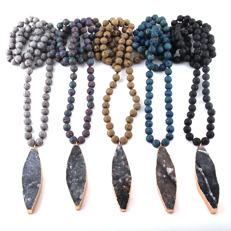 

Fashion Women Ethnic Necklace Bohemian Tribal Jewelry Multi Lava Stones Long Knotted Natural Oval Druzy Pendant Necklace