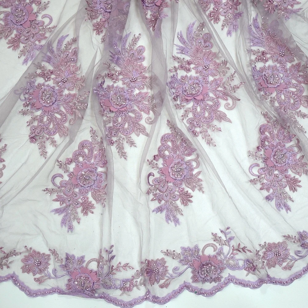 

New design french lilac 3d beaded sequined lace fabric with pearls floral embroidered tulle lace dress fabric HY0941-3, Pink