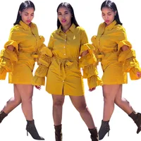 

FNDN8183 women fashion yellow button up shirt dress with lantern sleeves FNDN8183