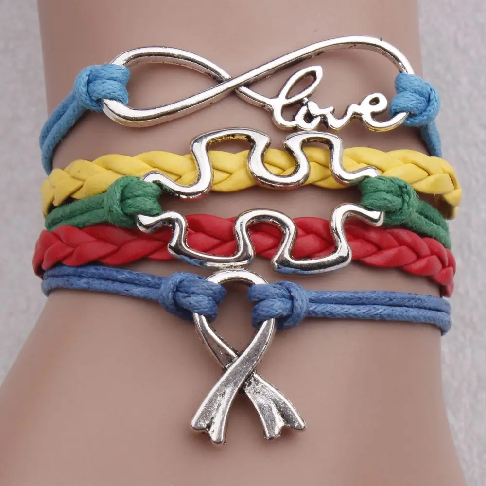 

Autism Puzzle Awareness Ribbon Infinity Love Hollow Puzzle Charm Braided Leather Bracelet, Same as picture