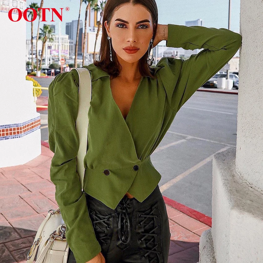 

OOTN V Neck Slim Ladies Sexy Vintage Button 2019 Blusas Women Green Shirts Blouses Cotton Puff Sleeve Tops Tunic Crop Top Blouse