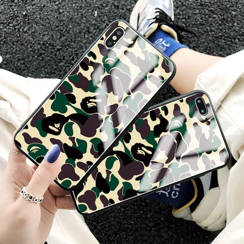 

Free Shipping Stylish Camouflage Camo Green Bape Ape Tempered Glass Glossy Case For iPhone XS Max XR X 8 7